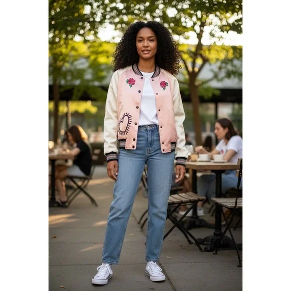 Coach x Keith Haring Reversible Bomber Jacket Pink Satin / Print | Style 30499 - Picture 1 of 11